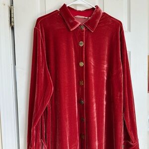 Elegant red velvet top with unique buttons.